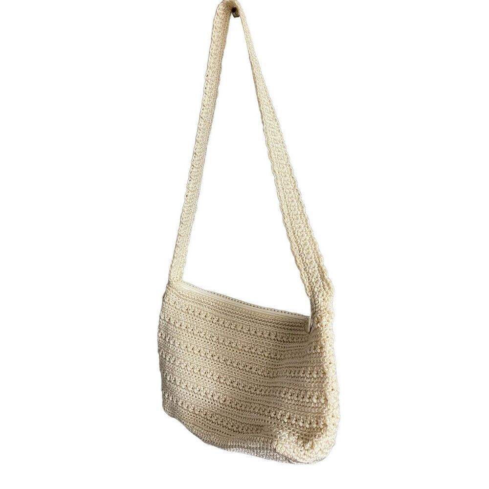 The Sak Womens Ivory Knit Crochet Top Zip Single Strap Purse Shoulder Handbag